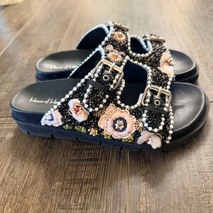 House of Harlow 1960 Black and Pink Embellished Sandals